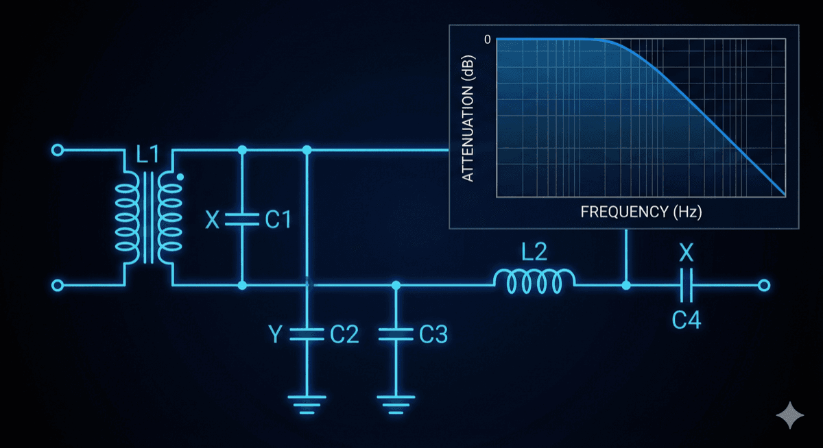 EMI filter schematic and frequency response